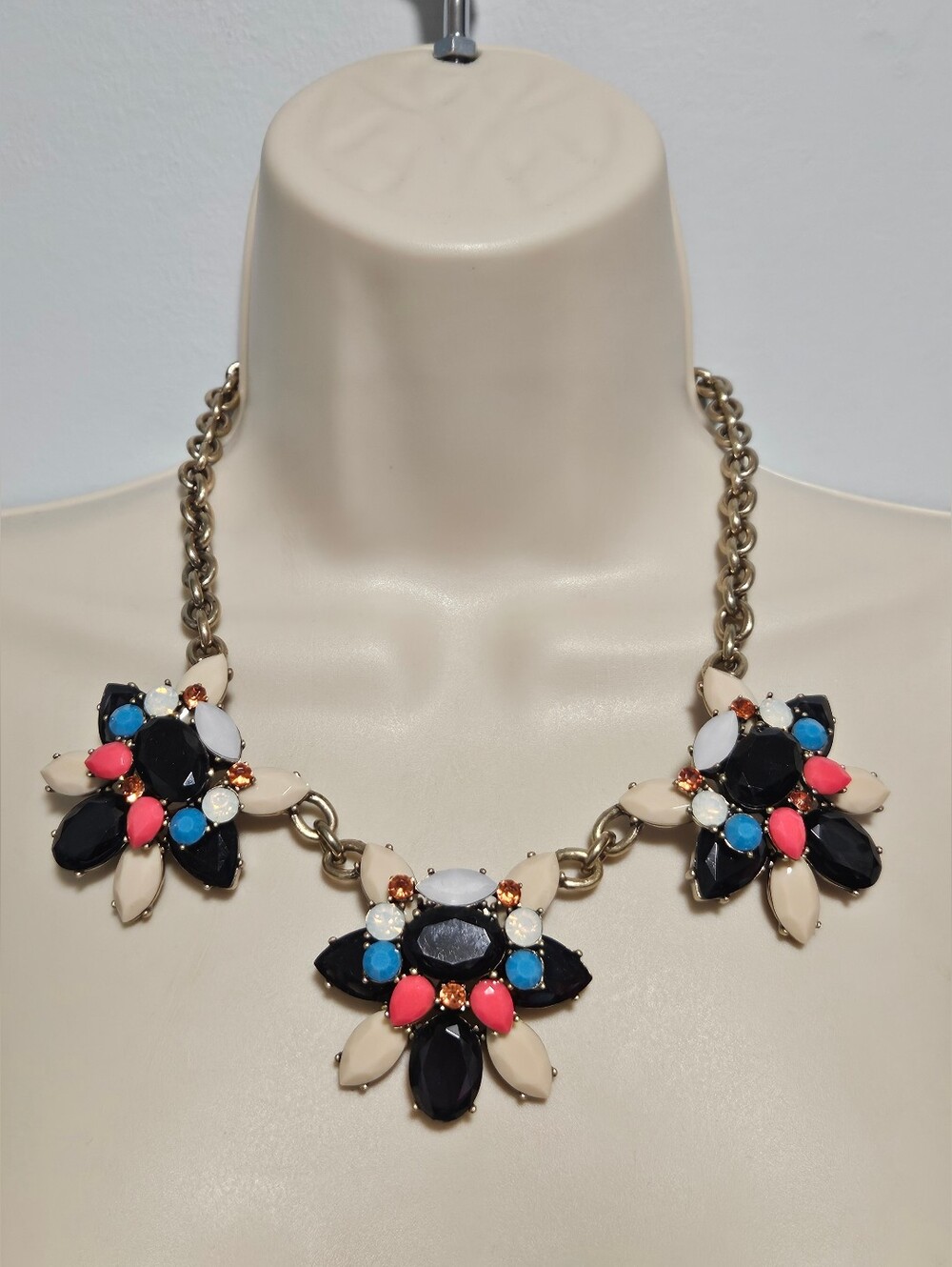 Statement Floral Cluster Necklace in Black, Cream, Pink & Blue